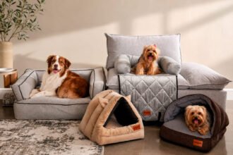 Perros descansan en muebles y camas para mascotas dentro de una sala adaptada para el hogar.