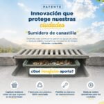 Infografía de la UTPL sobre un sumidero con canastilla elaborado con plástico reciclado para reducir residuos en el alcantarillado.