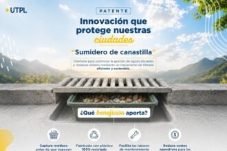 Infografía de la UTPL sobre un sumidero con canastilla elaborado con plástico reciclado para reducir residuos en el alcantarillado.