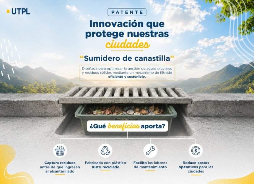 Infografía de la UTPL sobre un sumidero con canastilla elaborado con plástico reciclado para reducir residuos en el alcantarillado.