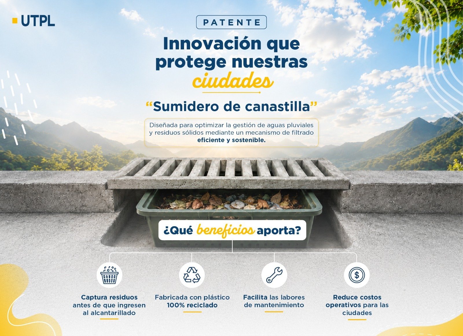 Infografía de la UTPL sobre un sumidero con canastilla elaborado con plástico reciclado para reducir residuos en el alcantarillado.