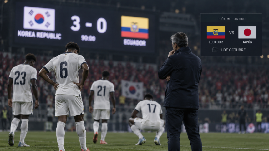 Imagen referencial de jugadores de Ecuador con uniforme blanco tras el partido ante Corea del Sur, con Japón como próximo rival.