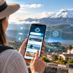 Turista observa un paisaje de Ecuador mientras utiliza su teléfono móvil, en una imagen sobre turismo, tecnología e inteligencia artificial.