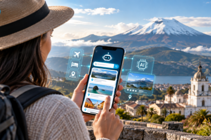 Turista observa un paisaje de Ecuador mientras utiliza su teléfono móvil, en una imagen sobre turismo, tecnología e inteligencia artificial.