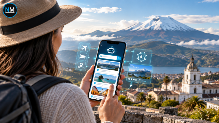 Turista observa un paisaje de Ecuador mientras utiliza su teléfono móvil, en una imagen sobre turismo, tecnología e inteligencia artificial.