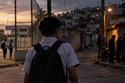 Adolescente en una representación sobre reclutamiento de menores por estructuras criminales en Ecuador.