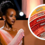 Trivia Elle Muhoza, Miss Uganda, luce The Layers of Life, vestido inspirado en las capas de una cesárea.