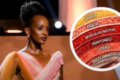 Trivia Elle Muhoza, Miss Uganda, luce The Layers of Life, vestido inspirado en las capas de una cesárea.