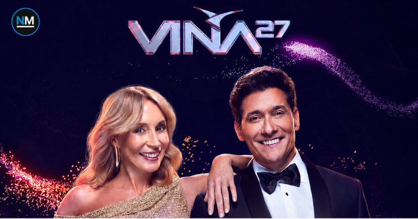 Imagen promocional del Festival de Viña del Mar 2027 con sus presentadores sobre un fondo oscuro.
