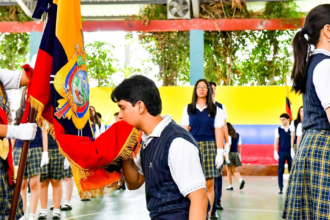 Estudiantes participan en una ceremonia de Juramento a la Bandera en Ecuador.
