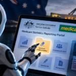 Ilustración referencial de un agente de inteligencia artificial accediendo a un portal estadístico de Medicare en Australia.