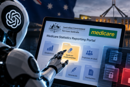 Ilustración referencial de un agente de inteligencia artificial accediendo a un portal estadístico de Medicare en Australia.