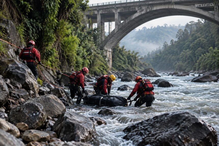 Bomberos realizan labores de recuperación en una zona rocosa junto al río Chiche, en Quito.