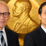 Henri Kagan y Kenso Soai, ganadores del Premio Nobel de Química 2026, frente a una imagen de la medalla Nobel