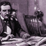 Ilustración de Edgar Allan Poe sentado ante su escritorio mientras escribe