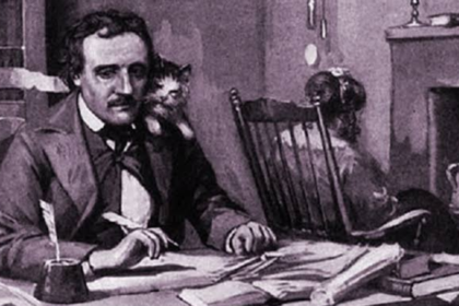 Ilustración de Edgar Allan Poe sentado ante su escritorio mientras escribe
