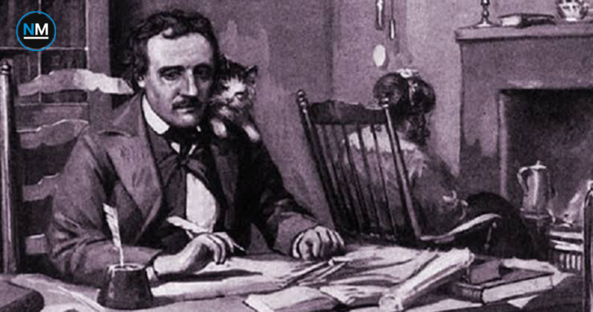 Ilustración de Edgar Allan Poe sentado ante su escritorio mientras escribe