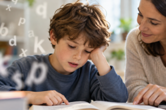 Niño leyendo un libro durante una actividad educativa relacionada con la dislexia