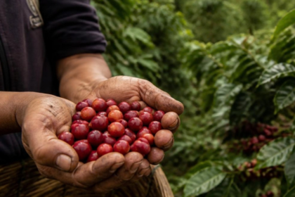 Productor recolecta café ecuatoriano durante la cosecha