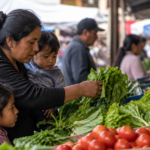 Familia selecciona alimentos frescos en un mercado como parte de una dieta saludable