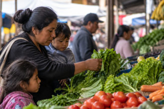 Familia selecciona alimentos frescos en un mercado como parte de una dieta saludable