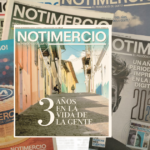Portadas de Notimercio de sus tres años de historia, con la edición 148 de aniversario en el centro