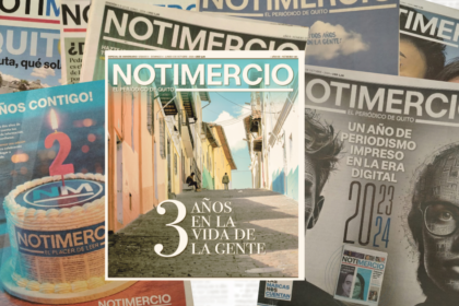 Portadas de Notimercio de sus tres años de historia, con la edición 148 de aniversario en el centro