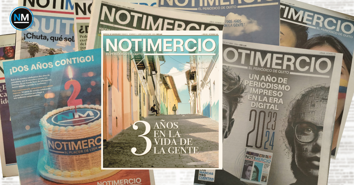 Portadas de Notimercio de sus tres años de historia, con la edición 148 de aniversario en el centro