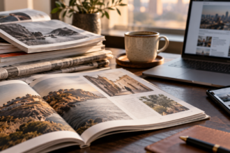 Revistas impresas y periódicos sobre una mesa junto a una computadora y un teléfono móvil con noticias digitales.