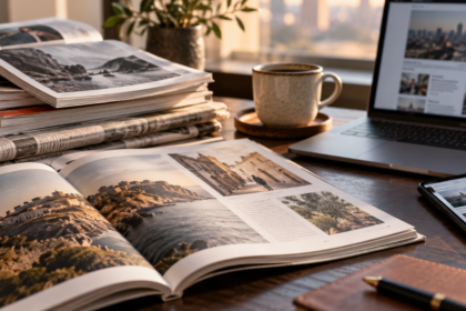 Revistas impresas y periódicos sobre una mesa junto a una computadora y un teléfono móvil con noticias digitales.