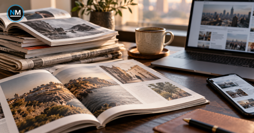 Revistas impresas y periódicos sobre una mesa junto a una computadora y un teléfono móvil con noticias digitales.